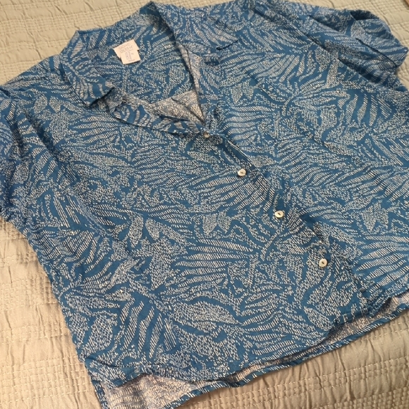 Sigrid Olsen Tops - Sigrid Olsen Teal and Cream Patterned Linen Shirt